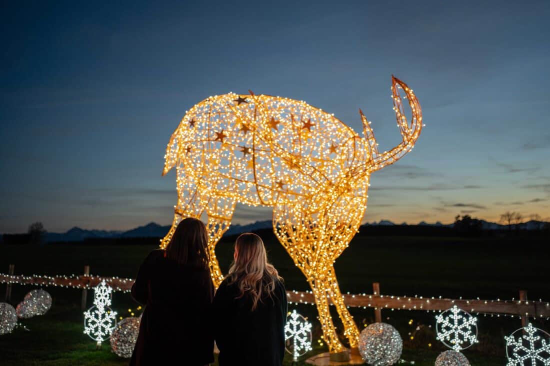 Der leuchtende Hirsch und tausende Lichter verwandeln den Garten des Hotels Das Weitblick Allgäu in ein strahlendes Winter Wunderland. Bild: Lerch Genusswelten